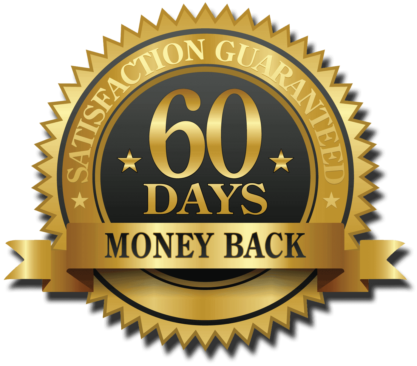 Gold seal with text '60 Days Satisfaction Guaranteed Money Back'.