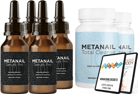 Metanail Serum Pro bottles alongside Metanail Total Cleanse supplements and ebook covers.