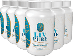 Six white bottles of Liv Pure dietary supplement labeled 'Powered by Nature' arranged in a row.