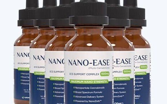 Several bottles of Nano-Ease ECS Support Complex with droppers, labeled as maximum nano strength.