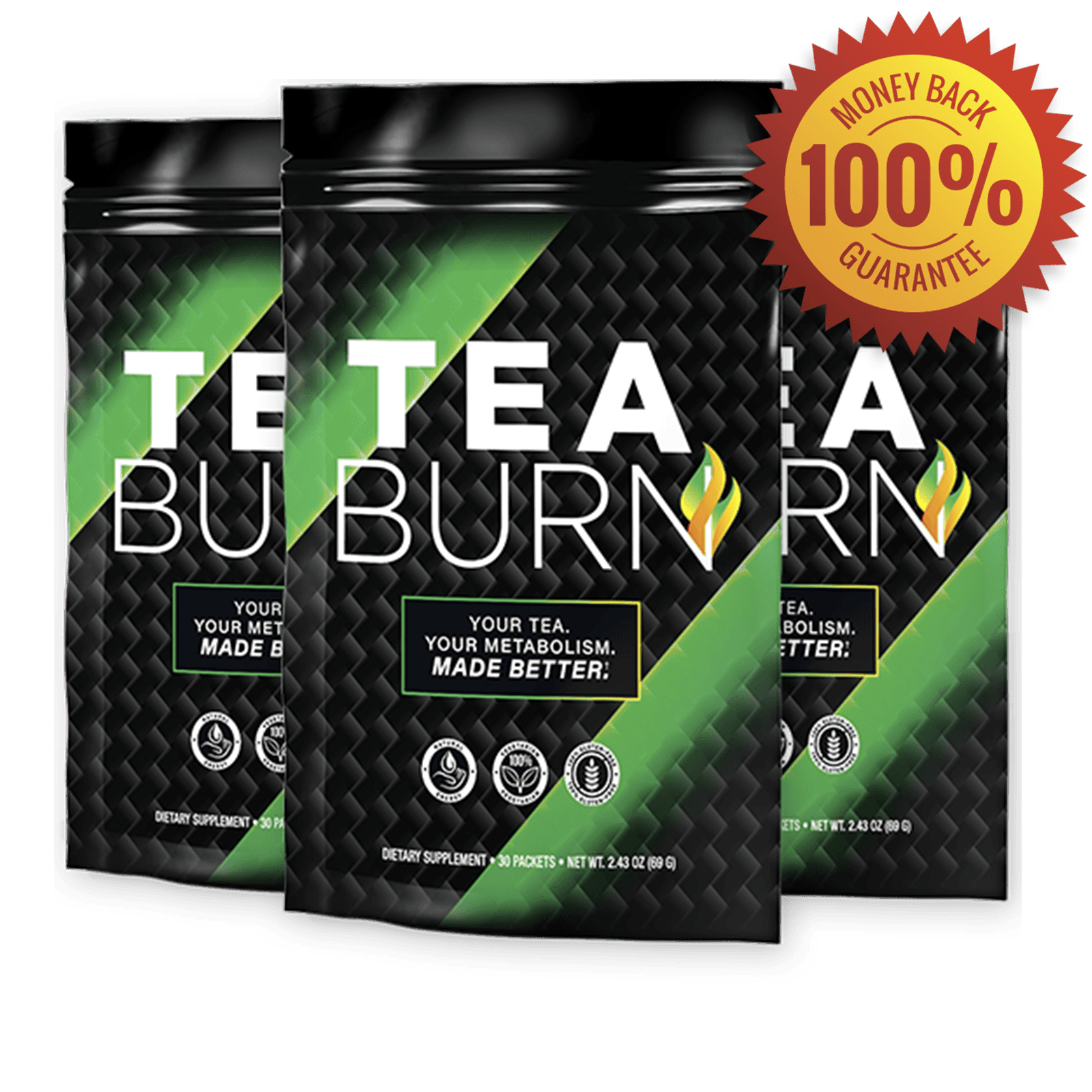 Three Tea Burn supplement packets with green and black design, 100% guarantee badge visible.