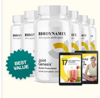 Bottles of Biodynamix Joint Genesis supplements with best value badge and digital guides.