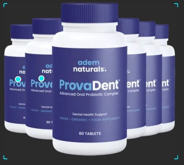 Bottles of ProvaDent oral probiotic complex with blue labels in a row.