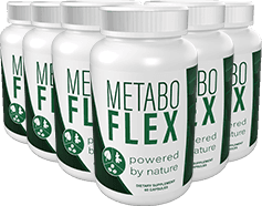 Six bottles of Metabo Flex dietary supplement with green text and 'powered by nature' label.