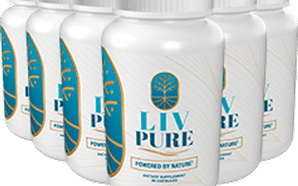 Multiple bottles of Liv Pure dietary supplements in white containers with blue and gold labels.