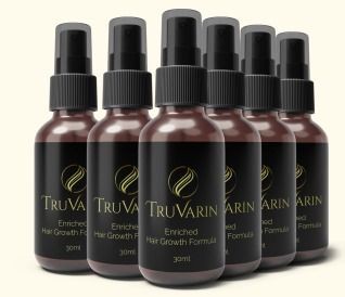 Six bottles of TruVarin Enriched Hair Growth Formula with black labels and spray tops.