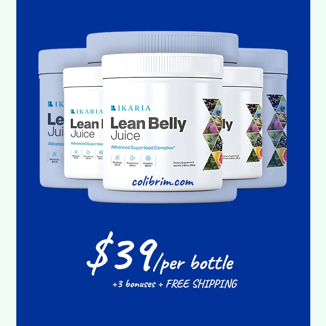 Ikaria Lean Belly Juice bottles with $39 price, bonuses, and free shipping offer.