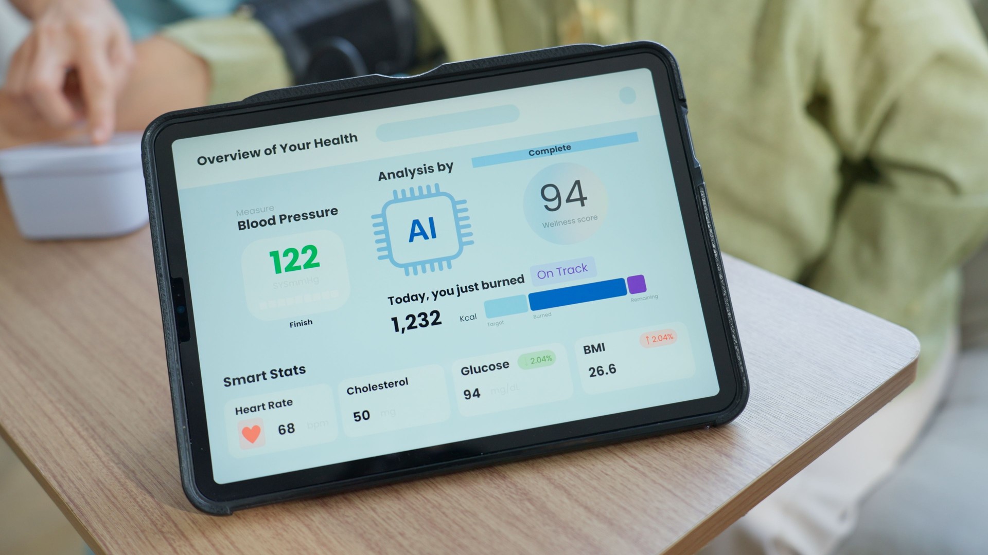 AI-Driven Health Monitoring Dashboard on Tablet Screen, used for health checking for a patient