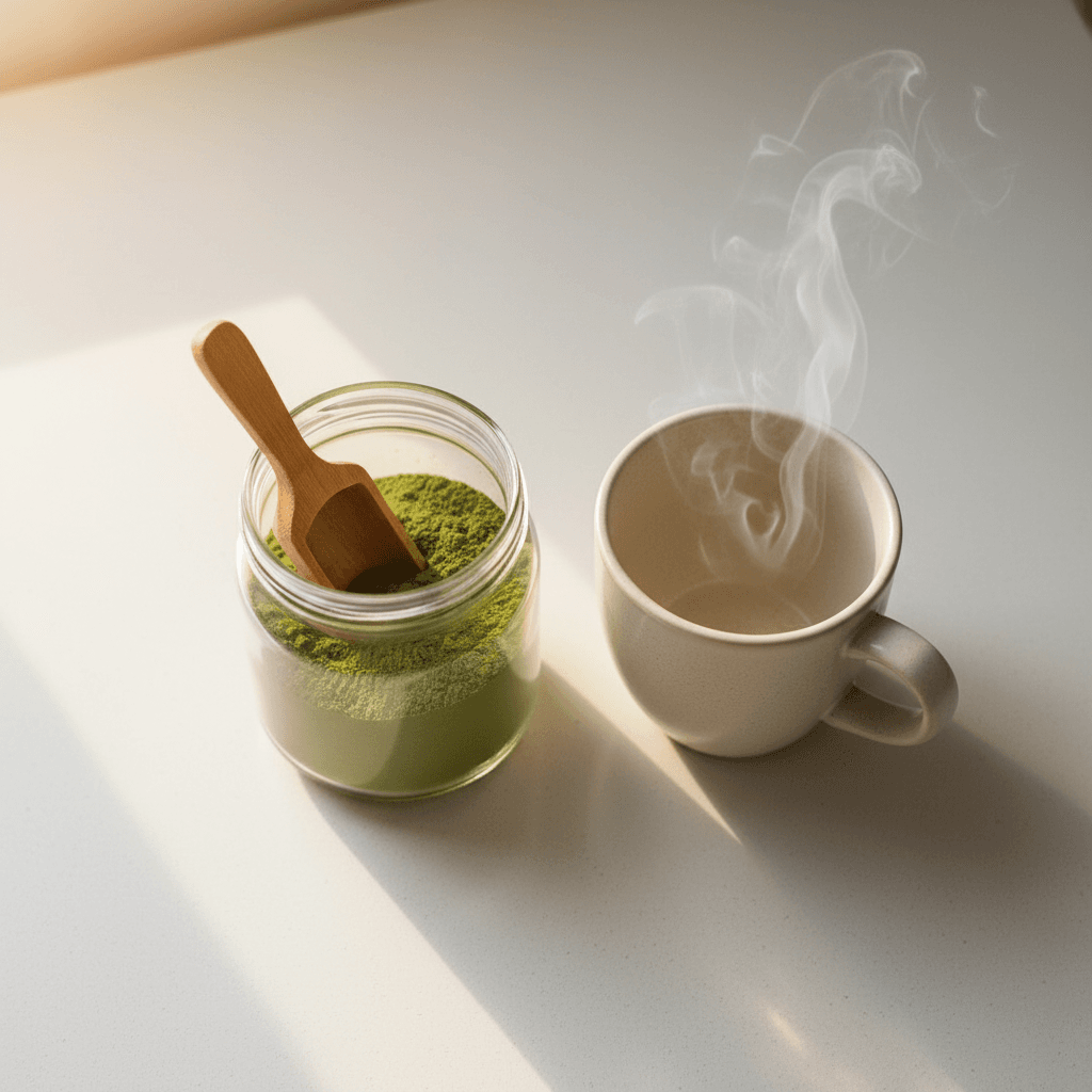 Open jar of green superfood powder with a bamboo scoop and a steaming mug on a light countertop