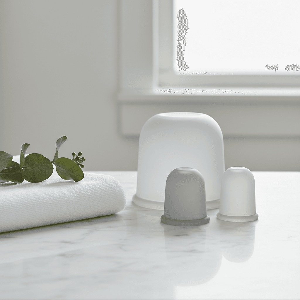 Silicone cupping set on a clean bathroom counter with a towel and eucalyptus sprig