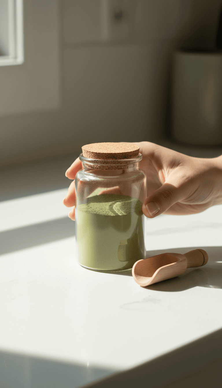 Hand holding a jar of superfood powder on a kitchen counter in natural light