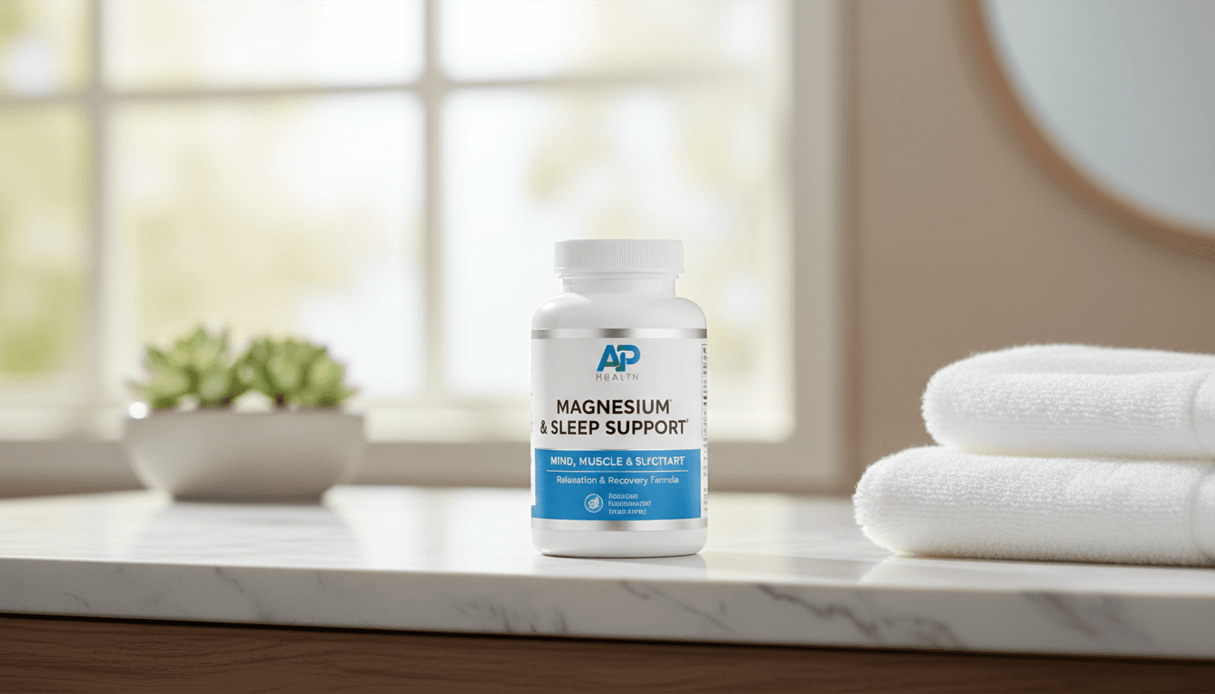 AP Health Magnesium and Sleep Support bottle on a marble counter with white towels.