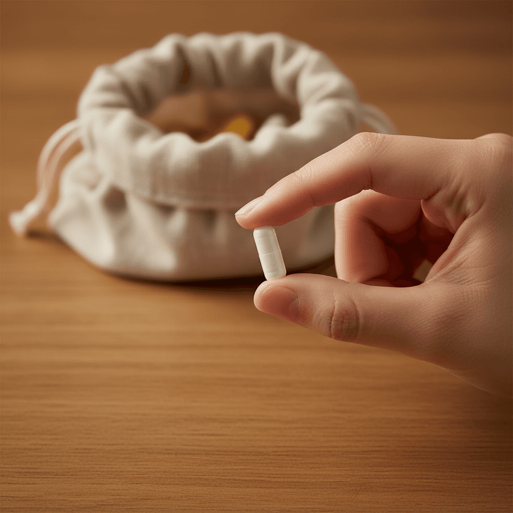Hand holding a white vitamin capsule in soft lighting on a wooden table