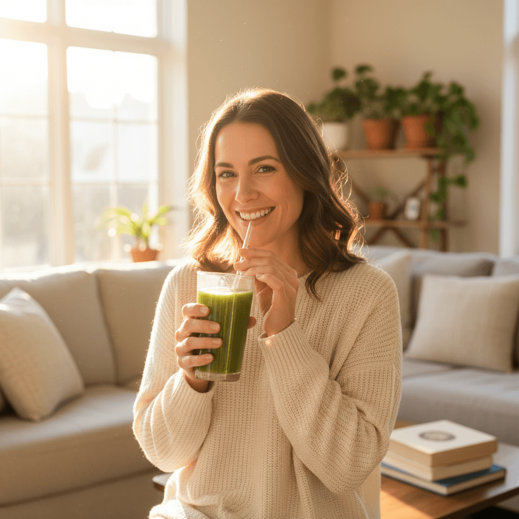 Woman smiling while drinking a green smoothie in a sunlit living room