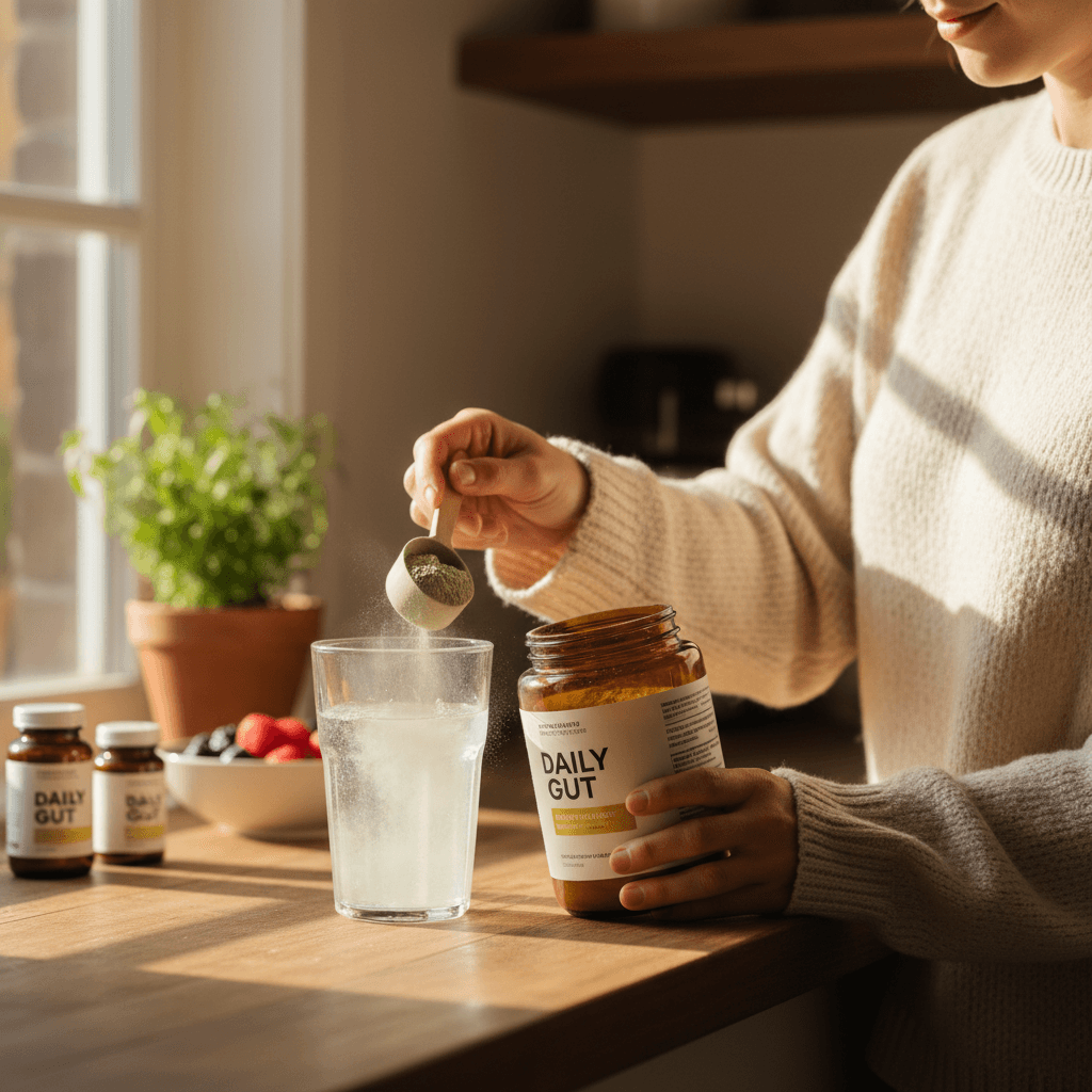 Person stirring digestive support powder into a glass of water