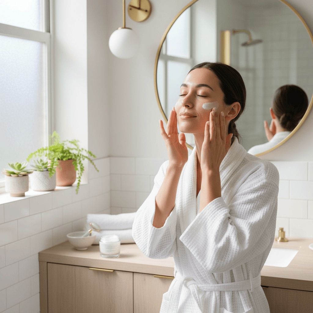 Woman applying facial moisturizer in a bright bathroom with natural light