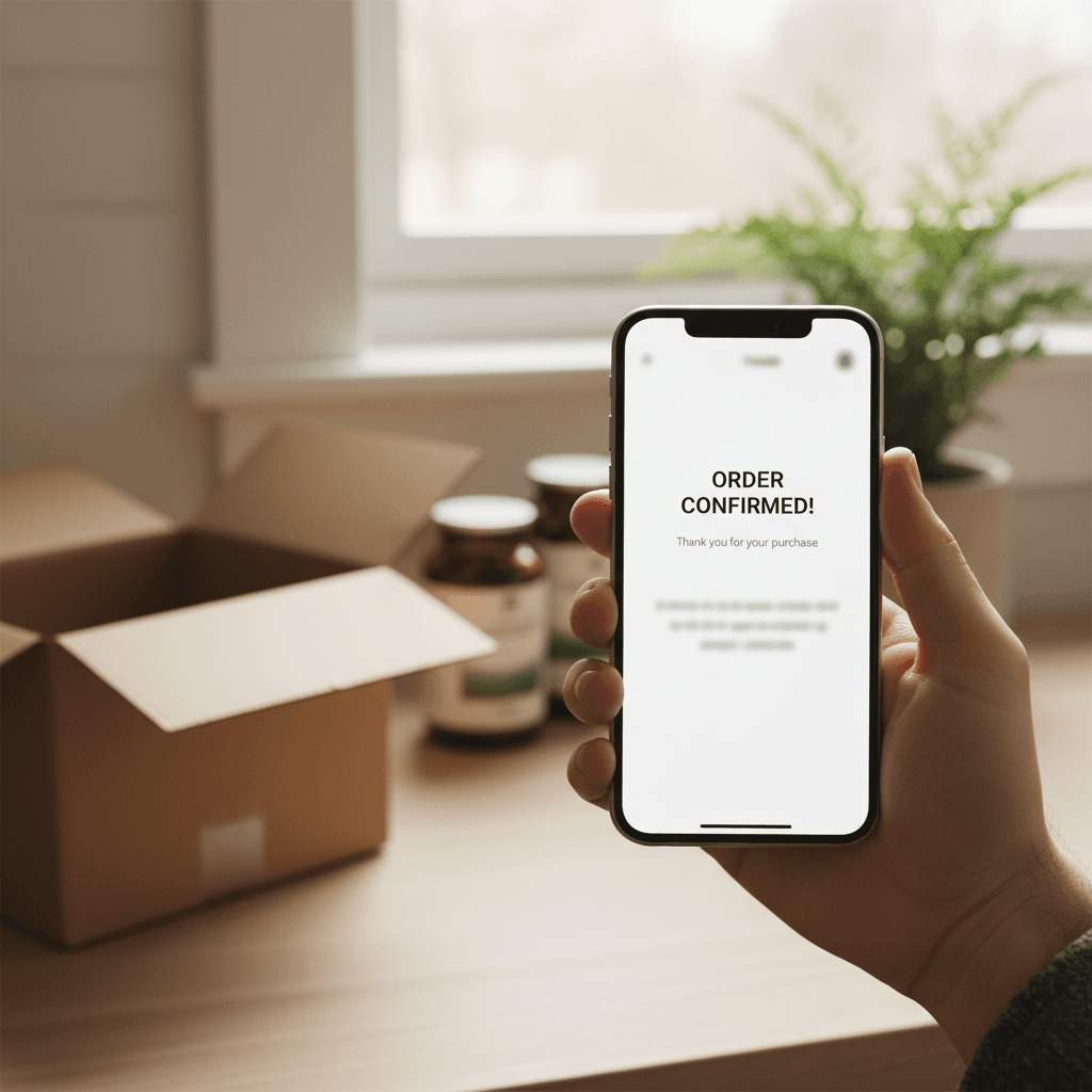 Hand holding phone with order confirmation next to a shipping box