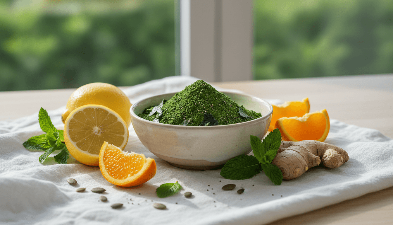 Green powder in a bowl surrounded by fresh lemons, orange slices, ginger, and mint.