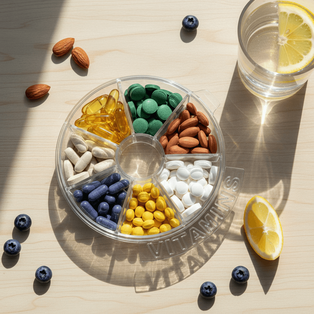 Daily vitamin organizer with colorful supplements