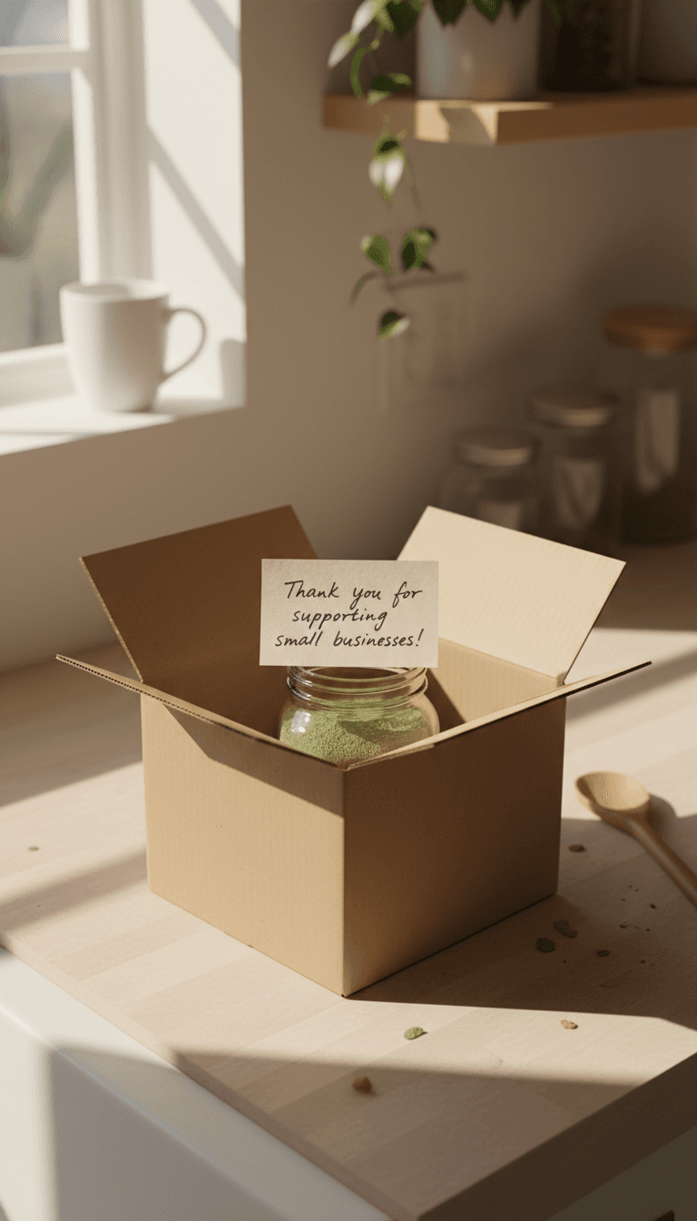Open delivery box with superfood jar and handwritten note on kitchen counter