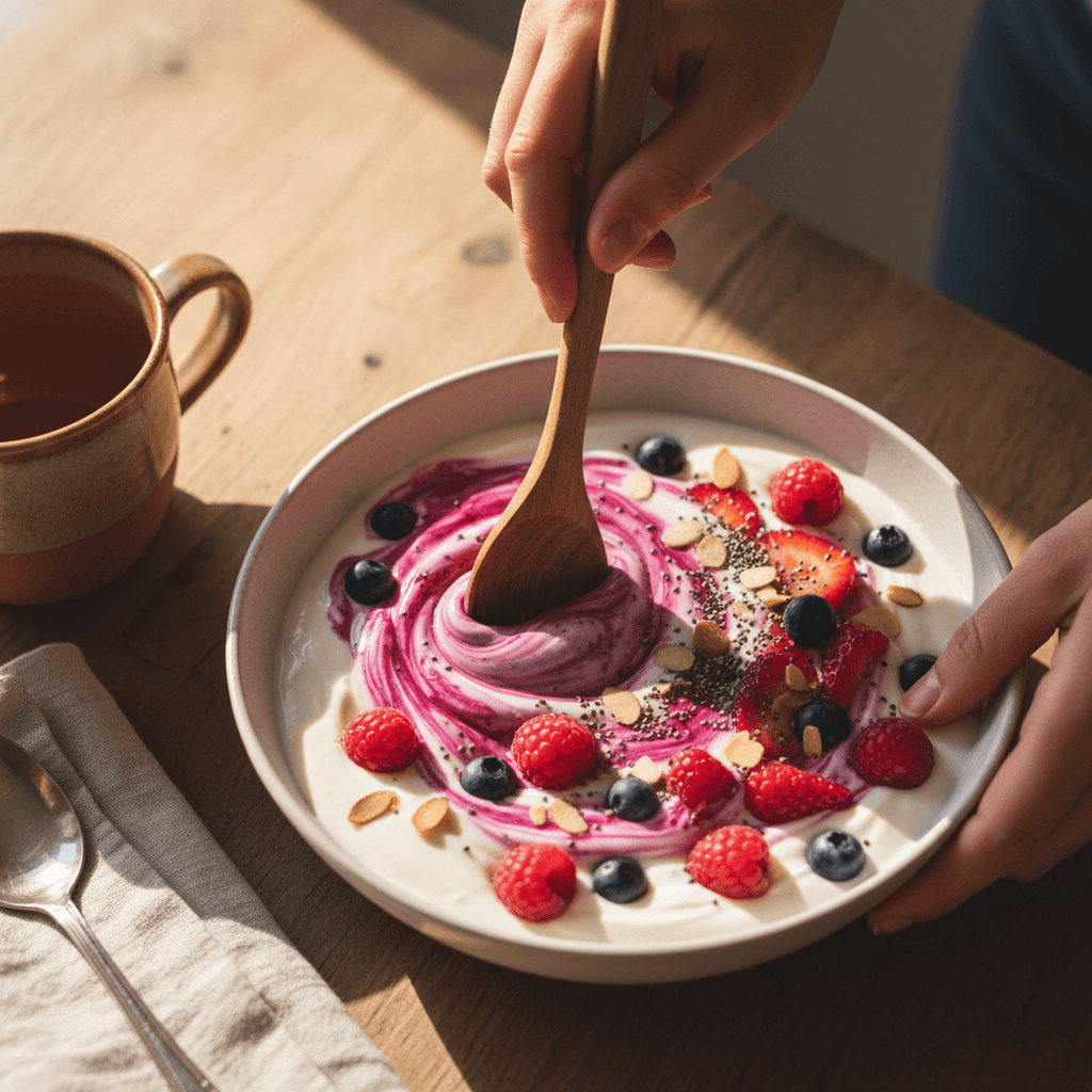 Hands mixing green superfood powder into a bowl of yogurt and fresh berries