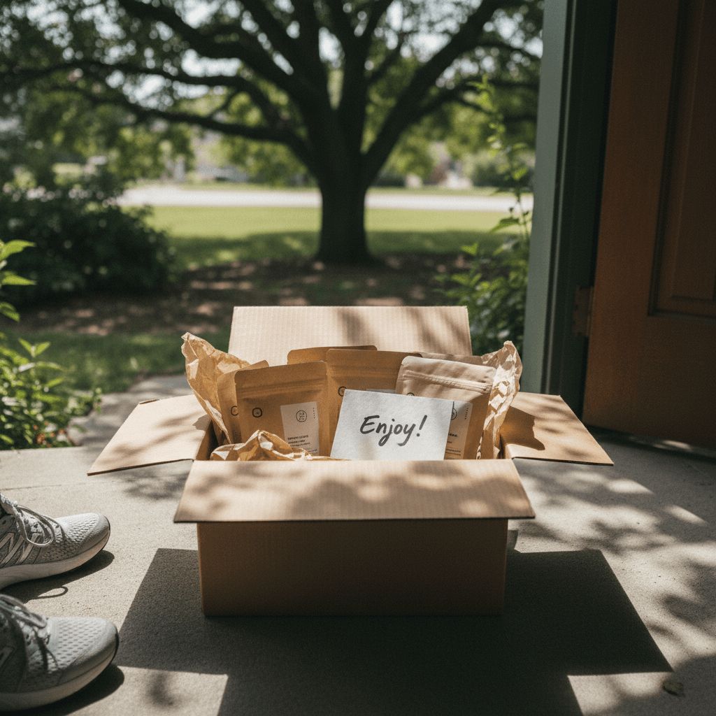 Open cardboard box containing supplement pouches on a sunlit doorstep