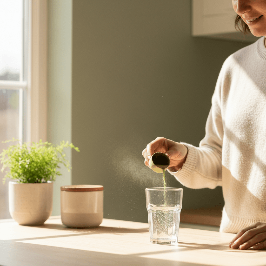 Person pouring green superfood powder into a clear glass of water in a sunny kitchen