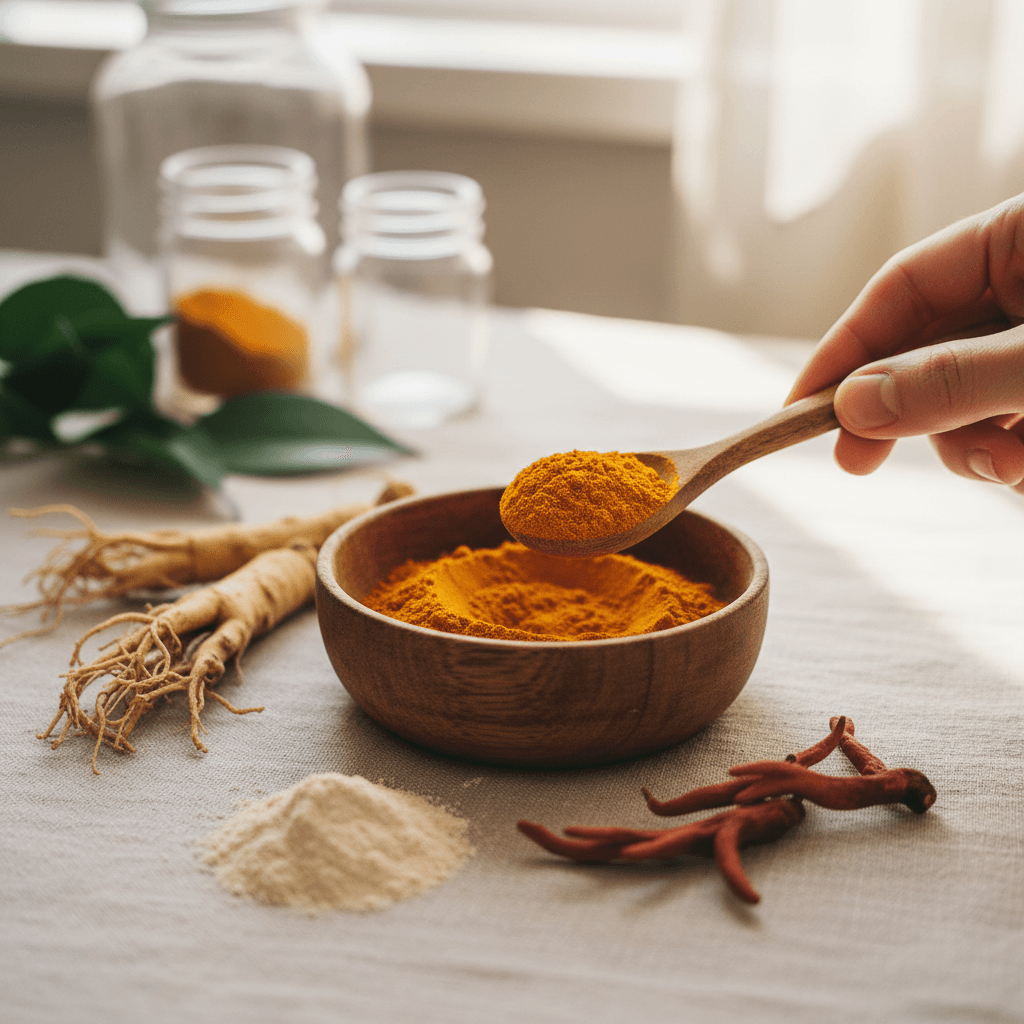 Pouring superfood powder from a scoop into a jar on a kitchen counter
