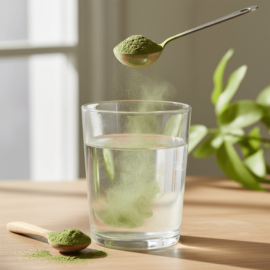 Pouring superfood powder from a scoop into a jar on a kitchen counter