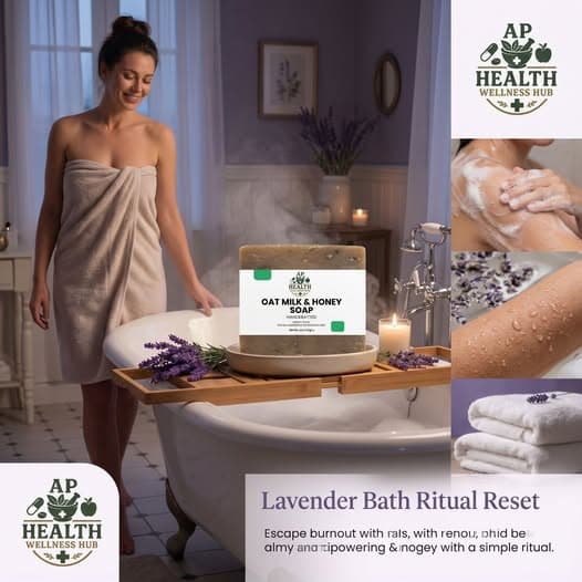 Oat milk and honey soap on a wooden bath tray with lavender and steaming water.