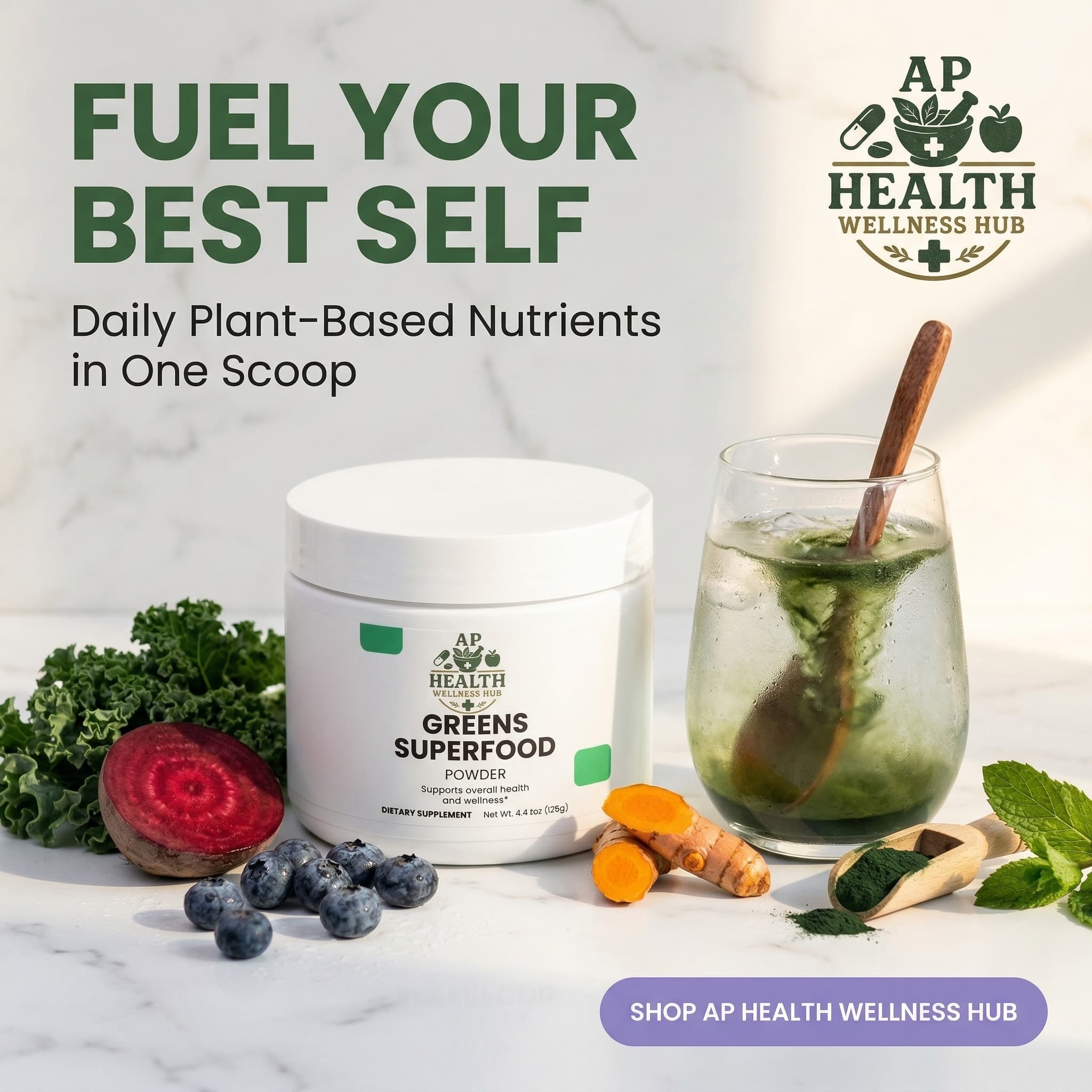 Greens Superfood Powder tub surrounded by kale, beet, blueberries, turmeric, and a green drink.