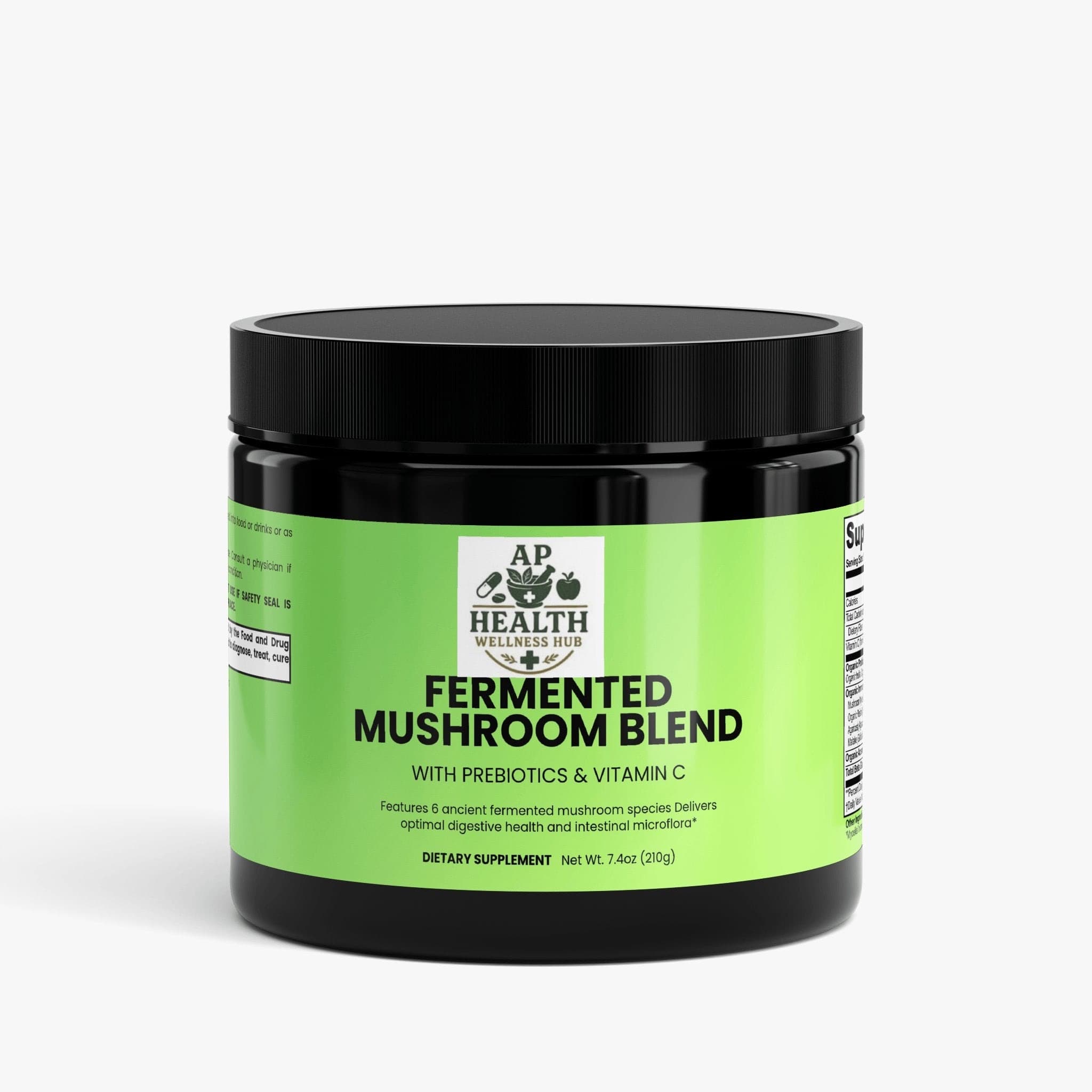 Black jar of AP Health Fermented Mushroom Blend dietary supplement with a light green label.