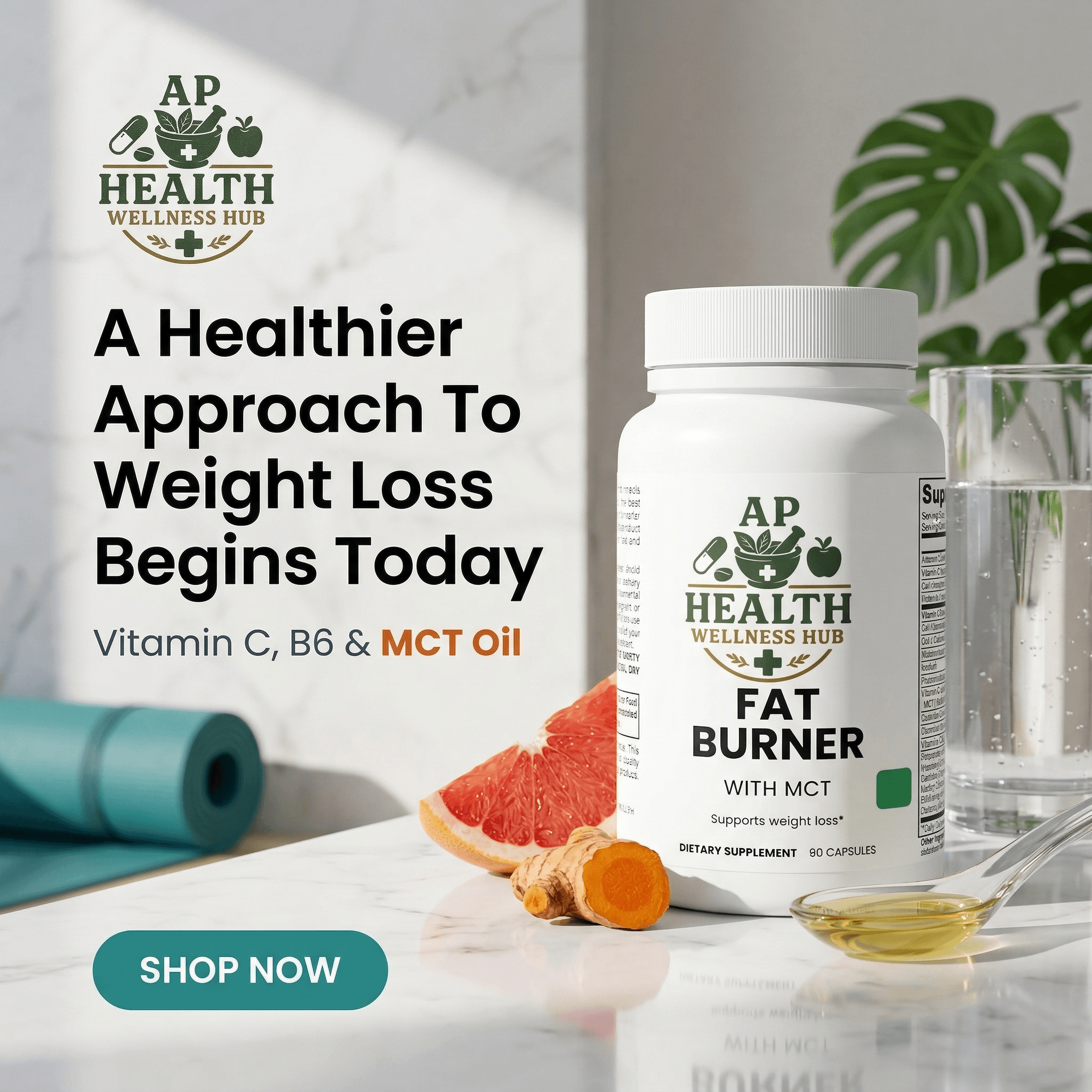 AP Health Fat Burner bottle with grapefruit and turmeric, promoting a healthy weight loss approach.