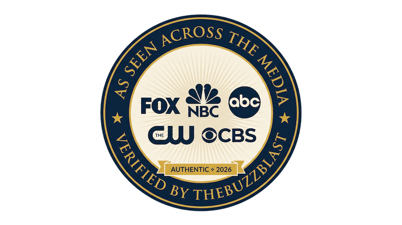 Circular seal with FOX, NBC, abc, CW, and CBS logos, verified by TheBuzzBlast for 2026.