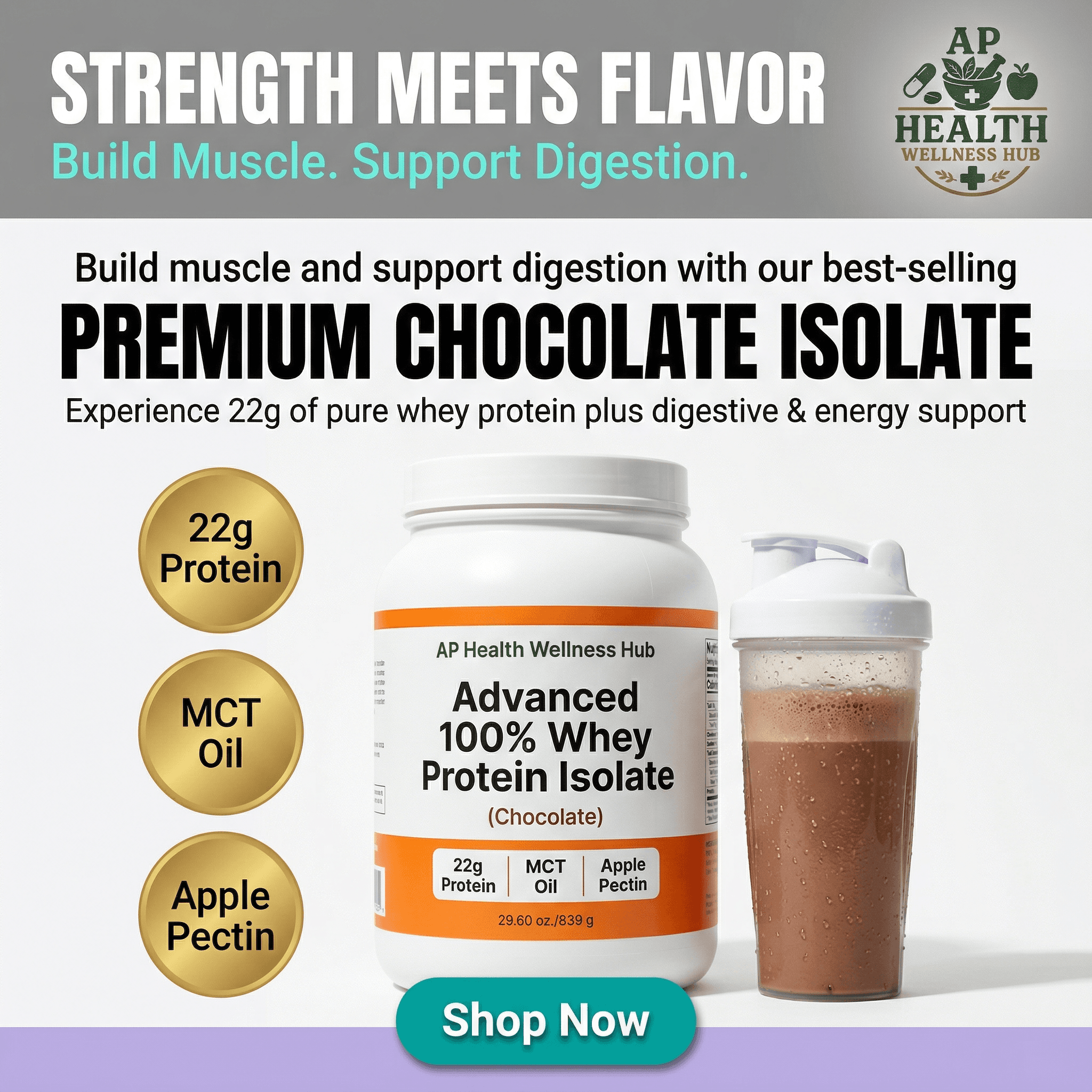 AP Health Wellness Hub chocolate whey protein isolate advertisement with supplement tub and shaker bottle.