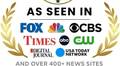 "As Seen In" graphic featuring major news logos, 400+ sites, and golden laurel wreaths.