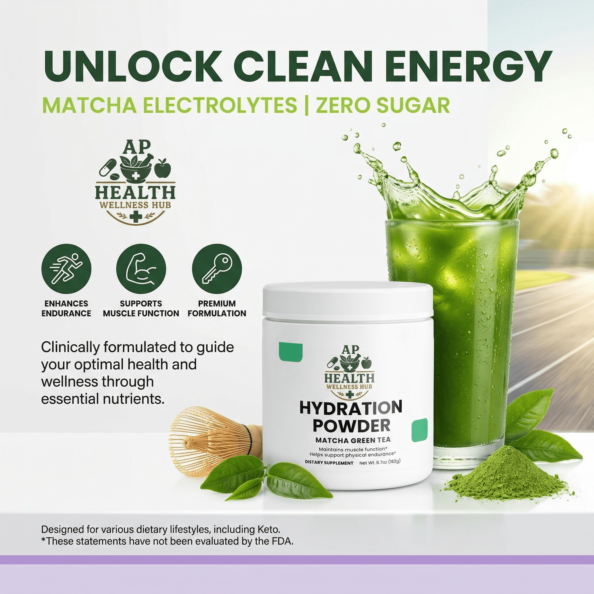 Matcha hydration powder tub beside a splashing green drink, matcha whisk, and green tea leaves.